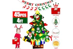 yazi 4ft DIY Felt Christmas Tree with Light for Kids Wall 45pcs Detachable Ornaments Storage Bag Banner Toddler Felt Christmas Craft Kits Wall Decor Door Hanging Xmas Gifts