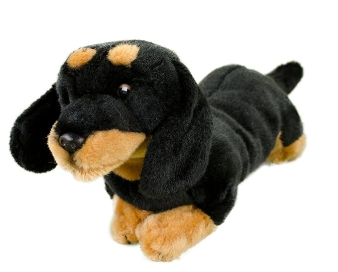 Hund Dackel, Teckel, Dachshund liegend braun/schwarz 27 cm Kuscheltier Plueschtier
