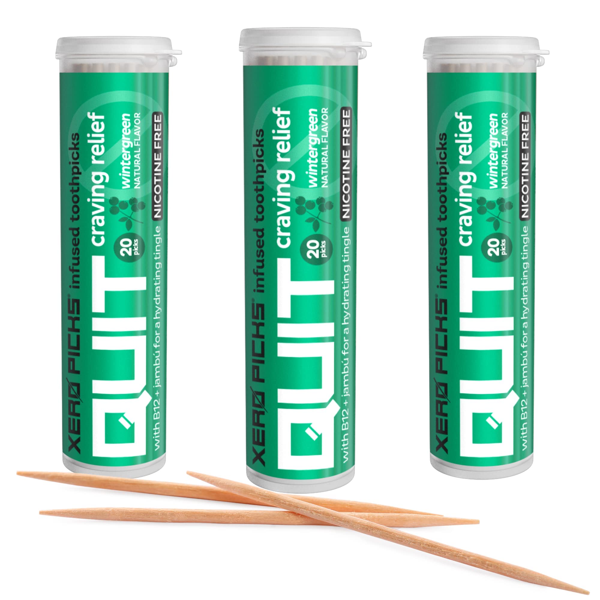Xero Picks QUIT Infused Flavored Toothpicks - Craving Relief (3 Pack of 20 picks per, Wintergreen) Non-GMO Kosher Vegan
