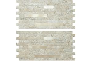 AULIGET 2 Sheets Faux Stone Peel and Stick Backsplash, Sandstone with Champagne Gold PVC Wall Tiles Stick on Backsplash for Kitchen
