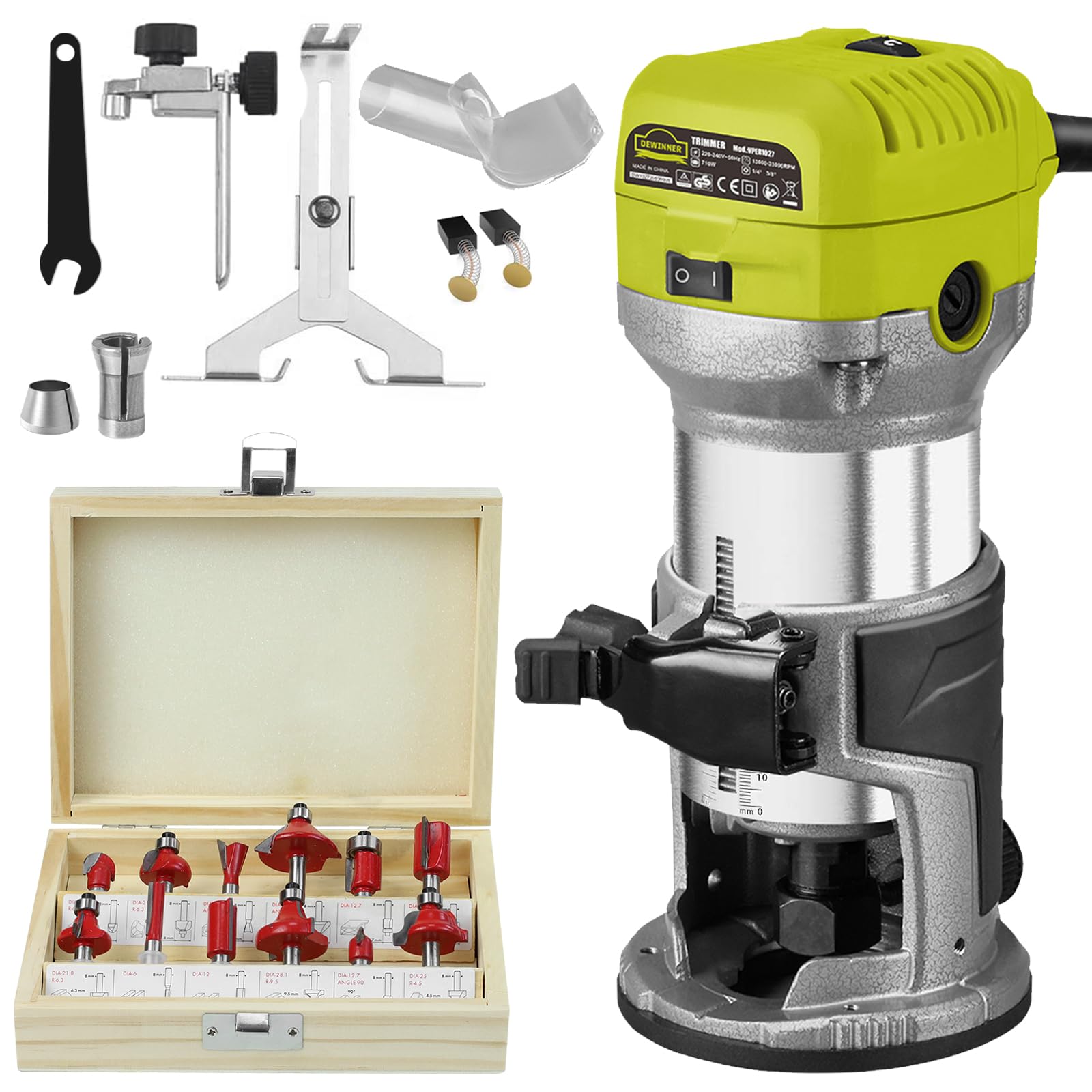 DEWINNER Electric Palm Router Tool, 1/4" Compact Wood Trimmer with Metal Base, 6 Variable Speeds Router for Woodworking, Trimmer Router with 12pcs Trim Router Bits for Handwork and DIY