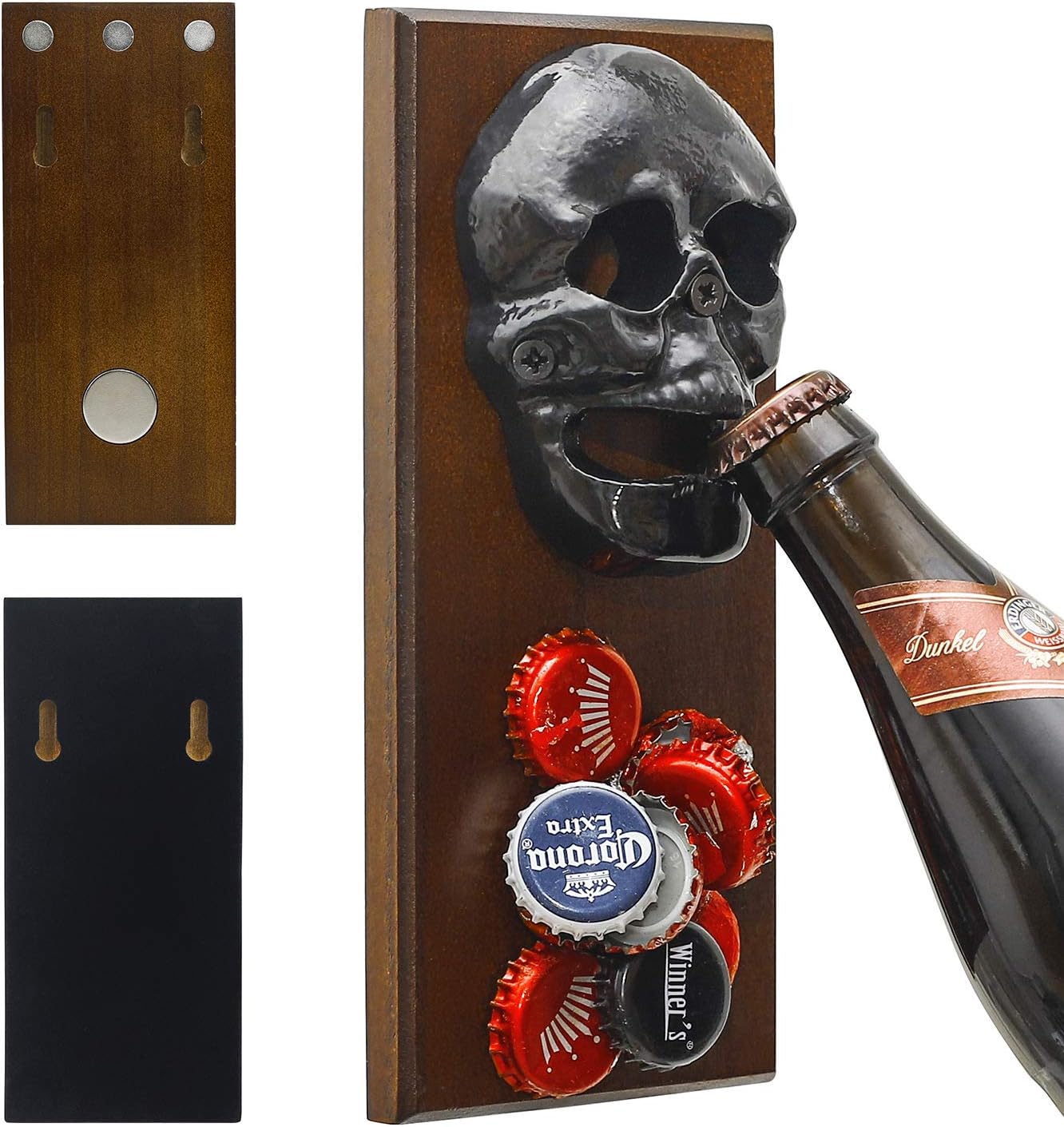 ChasBete Wall Mounted Bottle Opener Magnet for Fridge Skull Cast Iron with Strong Magnetic Cap Catcher Beer Bottles Opener Wall Mount