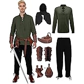 7 Pcs Men's Renaissance Costume Medieval Pirate Shirt Ankle Banded Pants Viking Costume Accessories Set