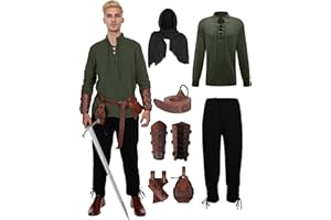 DARFULA 7 Pcs Men's Renaissance Costume Medieval Pirate Shirt Ankle Banded Pants Viking Costume Accessories Set