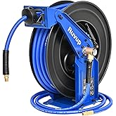 Ruvup Retractable Air Hose Reel, 3/8" x 75ft Air Compressor Hose Reel Auto Rewind Hybrid Hose Max 300PSI with 6.5ft Lead Hose Heavy Duty Steel Double Arm with 12-Position Ratchet Lock