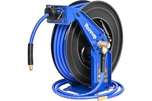 R RUVUP Ruvup Retractable Air Hose Reel, 3/8" x 75ft Air Compressor Hose Reel Auto Rewind Hybrid Hose Max 300PSI with 6.5ft Lead Hose Heavy Duty Steel Double Arm with 12-Position Ratchet Lock