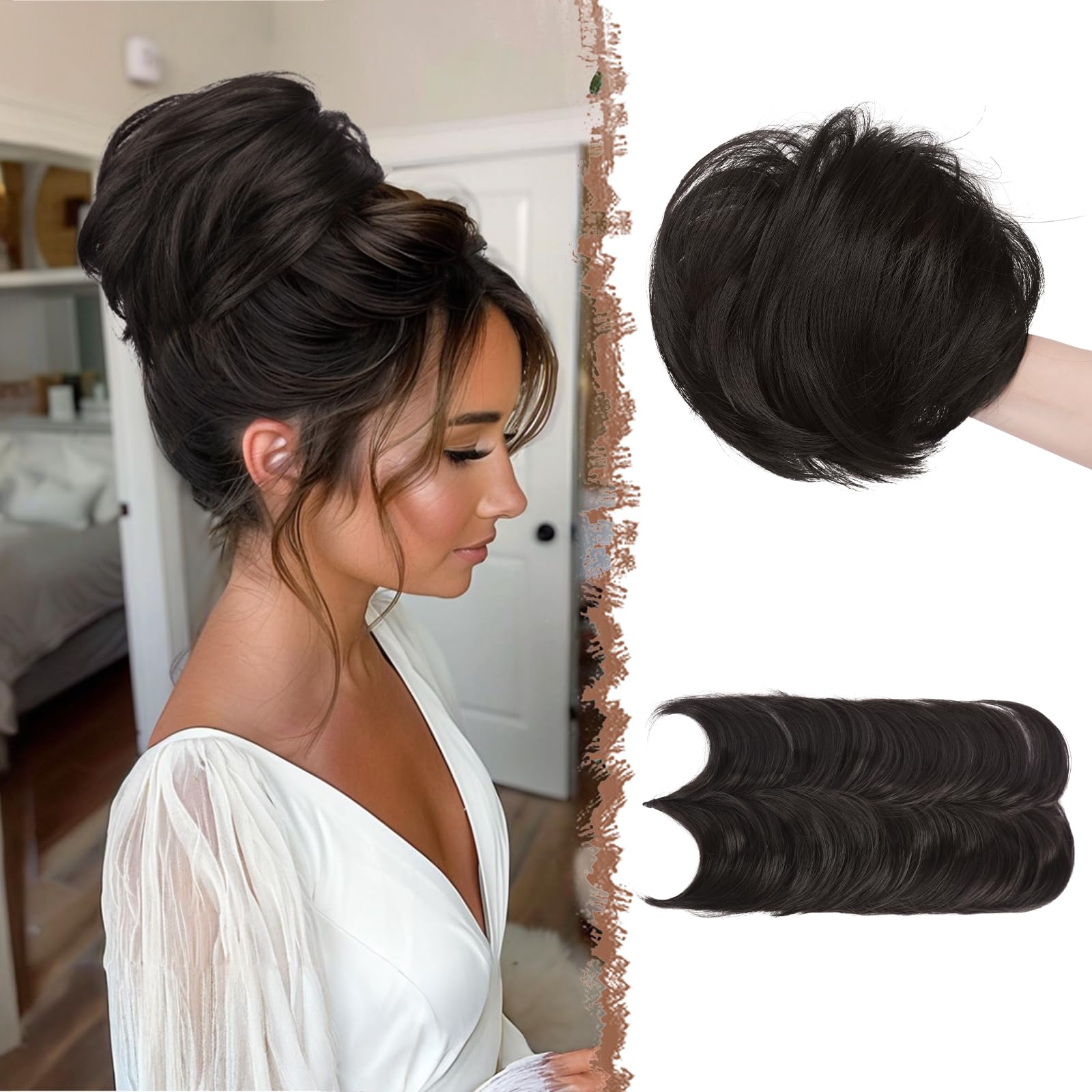 Photo 1 of FESHFEN Messy Bun Hair Pieces - Wired Hair Bun Scrunchies Ponytail Flexible Wrap Around Synthetic Hairpieces for Women, Black Brown 1.9 oz