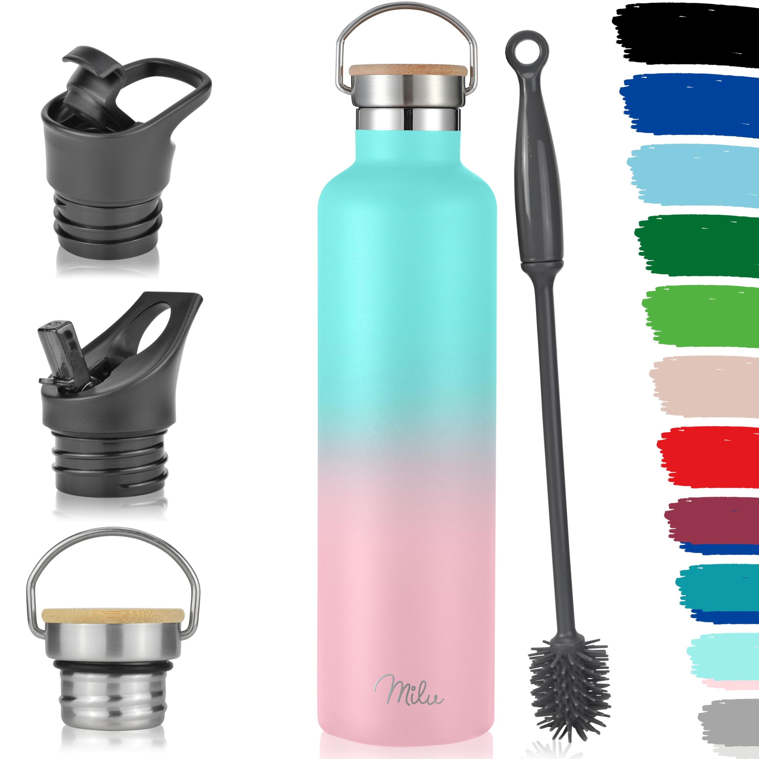 Milu Stainless Steel Drinking Bottle 350ml, 500ml, 750ml, 1l (+3 Lids) - Thermo Bottle with Straw, Water Bottle, for Hot, Cold & Carbonated Drinks (Mint Pink, 1000ml)