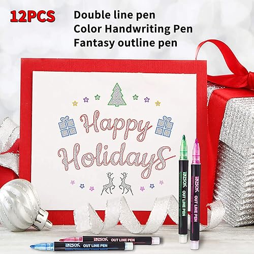 Double Line Markers Outline Pens，Bicolor Metallic Marker Pens，12