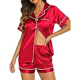 Ekouaer Silk Pajamas for Women Short Sleeve Sleepwear Soft Button Down Loungewear 2 Piece Satin Pjs Shorts Set