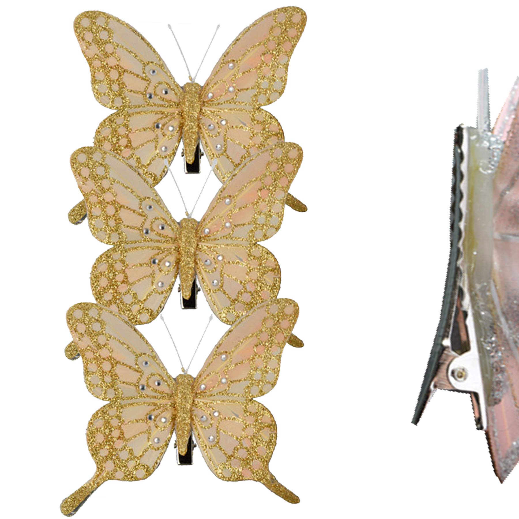 Christmas 3 Pack Clip on Feather Butterfly with Glitter Tree Decoration - Champagne Gold