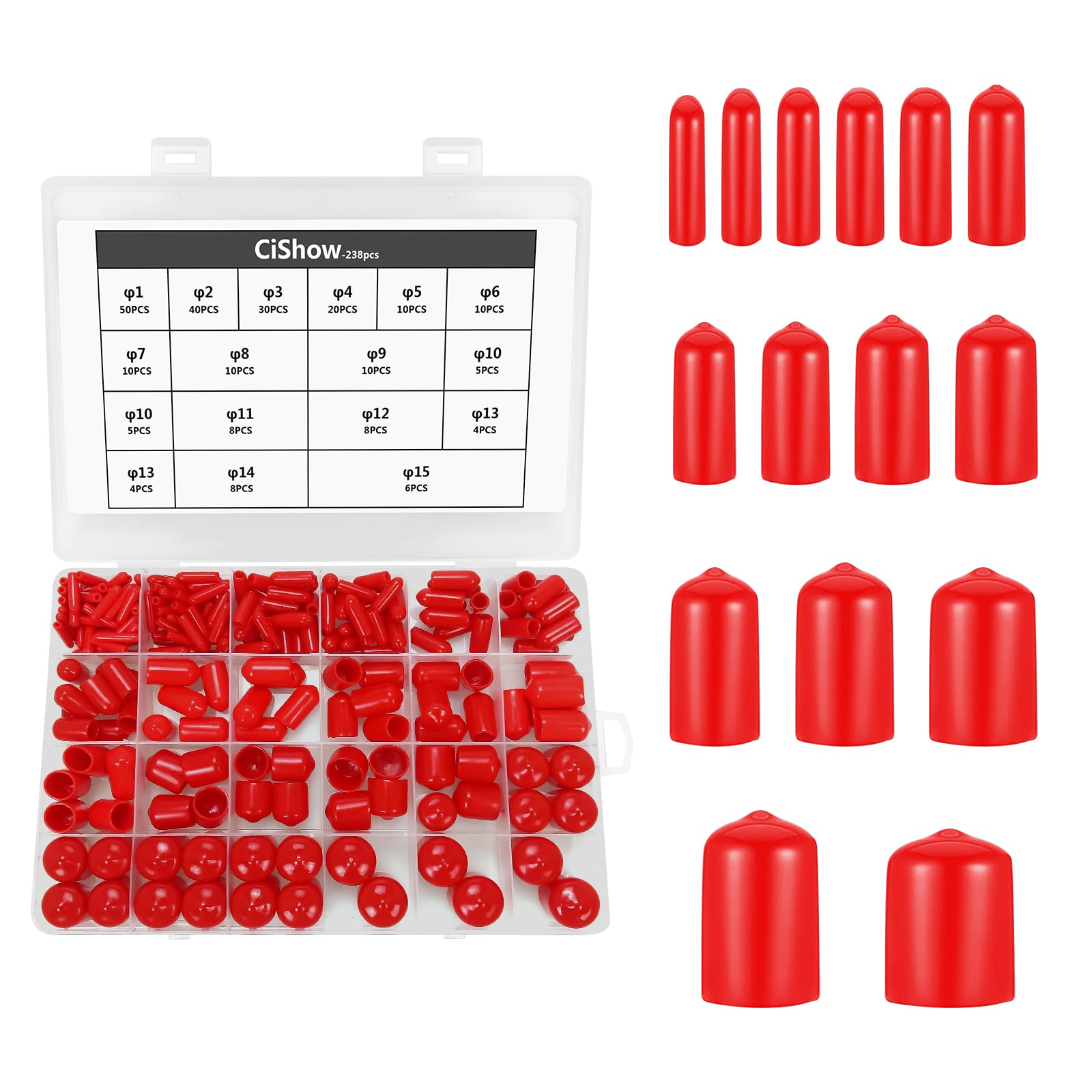 CiShow Rubber PVC Round End Caps, 15 Sizes Reusable Protective Soft Grip Caps for Pipe, Screw, Bolt, Chair/Table Legs, Red