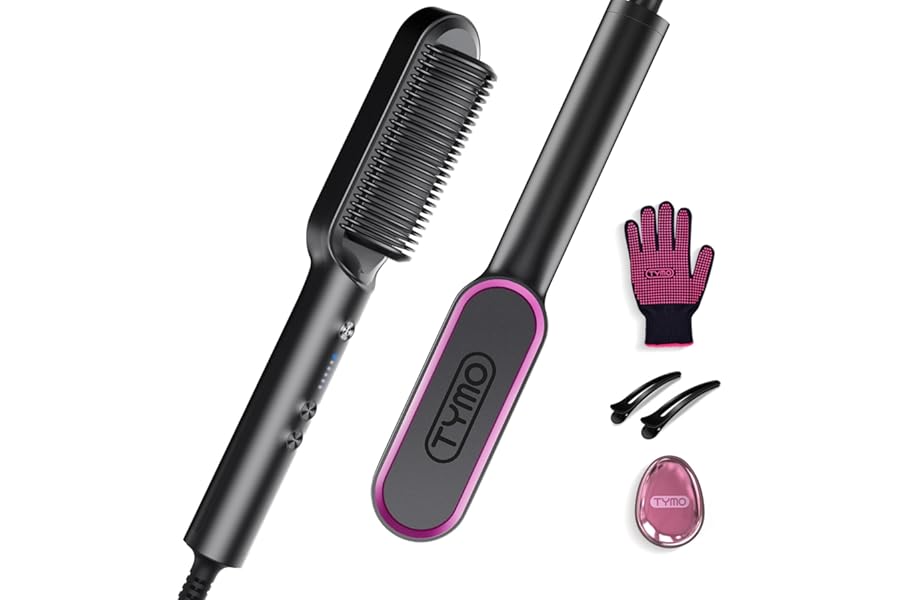 Hair Straightener Brush, TYMO Ring Hair Straightener Comb Straightening Brush for Women with 5 Temps 20s Fast Heating & Dual Voltage, Black