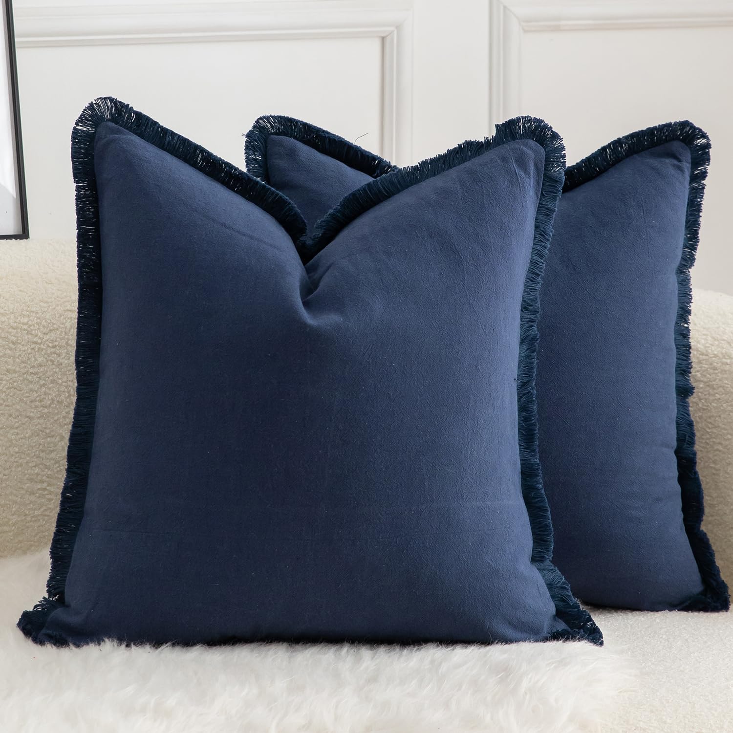 Mandioo Set of 2 Neutral Cotton Fringe Cushion Covers 45x45 cm 18x18 inch Decorative Boho Farmhouse Throw Pillowcase Cozy Tassels for Couch Sofa Bedroom Living Room Home Decor Navy Blue