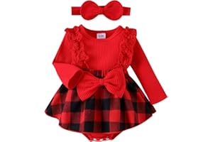 KAFIREN Baby Girl Clothes Fall Winter Outfit Plaid Romper Long Sleeve Dress Lace Ruffles Bodysuit with Bow Headband