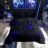Erosebridal Black Navy Royal Blue Comforter Set Full Neon Geometric Checkered Bedding Set for Teen Boys Gamer Room Decor,Abstract Stereoscopic Grids Quilt Square Plaid Check Bed Set 3 Pcs