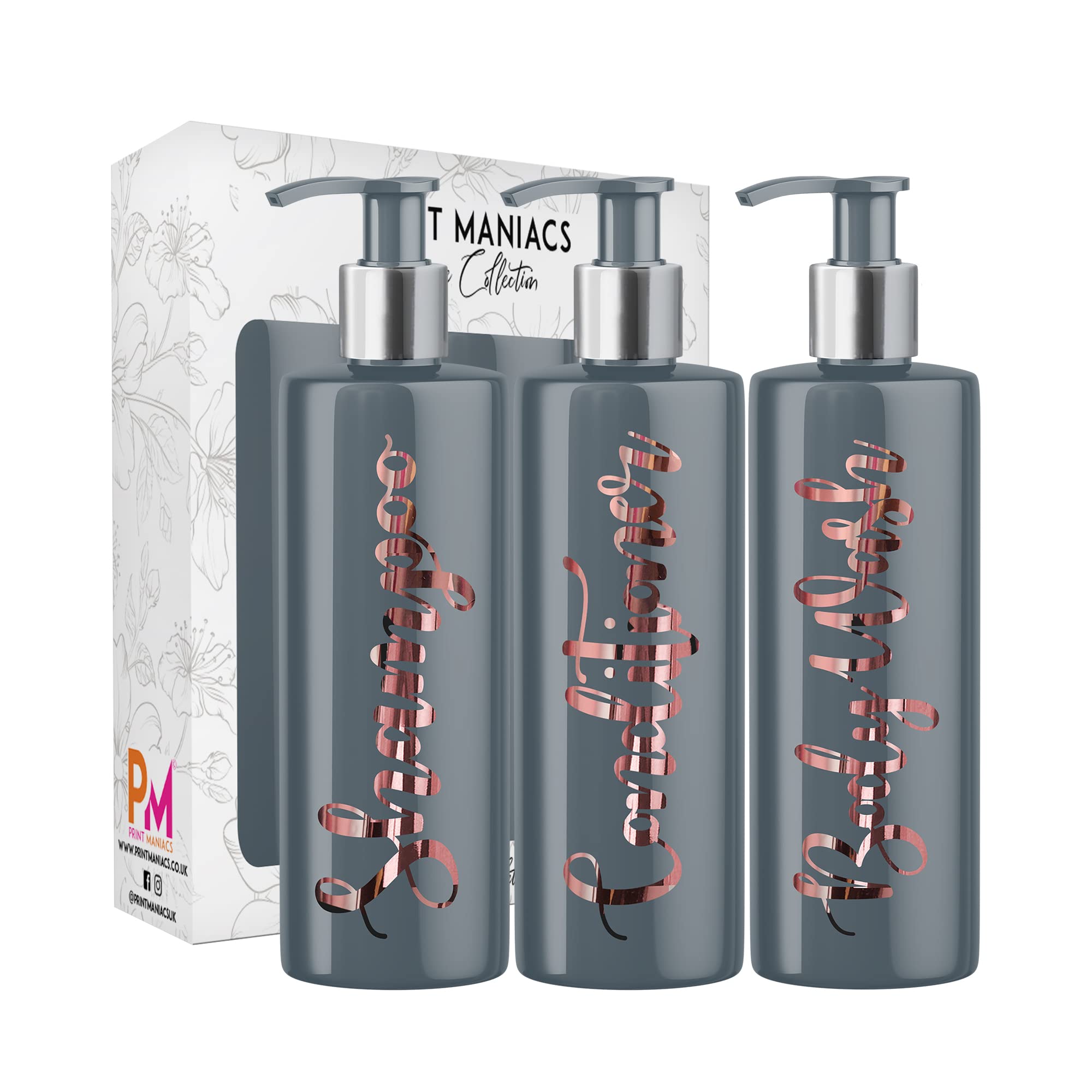 Print Maniacs 3 Set Mrs Hinch Inspired Grey Personalised 500ml Dispenser Pump Bottles Shampoo Conditioner Body Wash (Rose Gold)