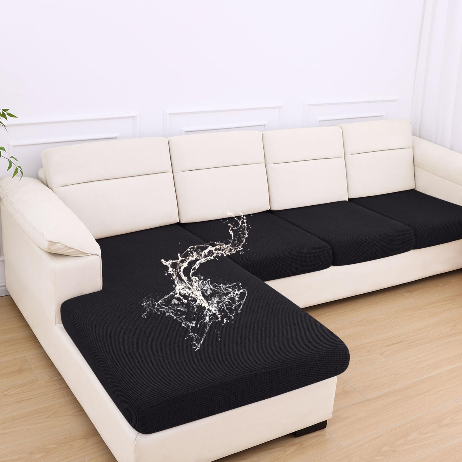 Photo 1 of hyha Waterproof Couch Cushion Covers for Pets, Non Slip Sofa Seat Cover for Dogs Washable, Soft Thick Stretch Jacquard Fabric, Sofa Slipcovers with Elastic Bottom (1 Chaise+3 Seater, Black)
