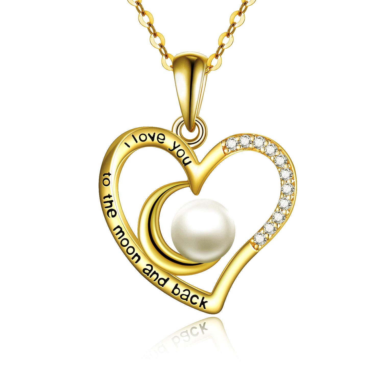 SISGEM 9 ct Gold Heart Necklace, Solid Gold Moon Necklace with Freshwater Cultured Pearl, I Love You to The Moon and Back Necklace for Mum Mother's Day Sister Women, 16+1+1inch