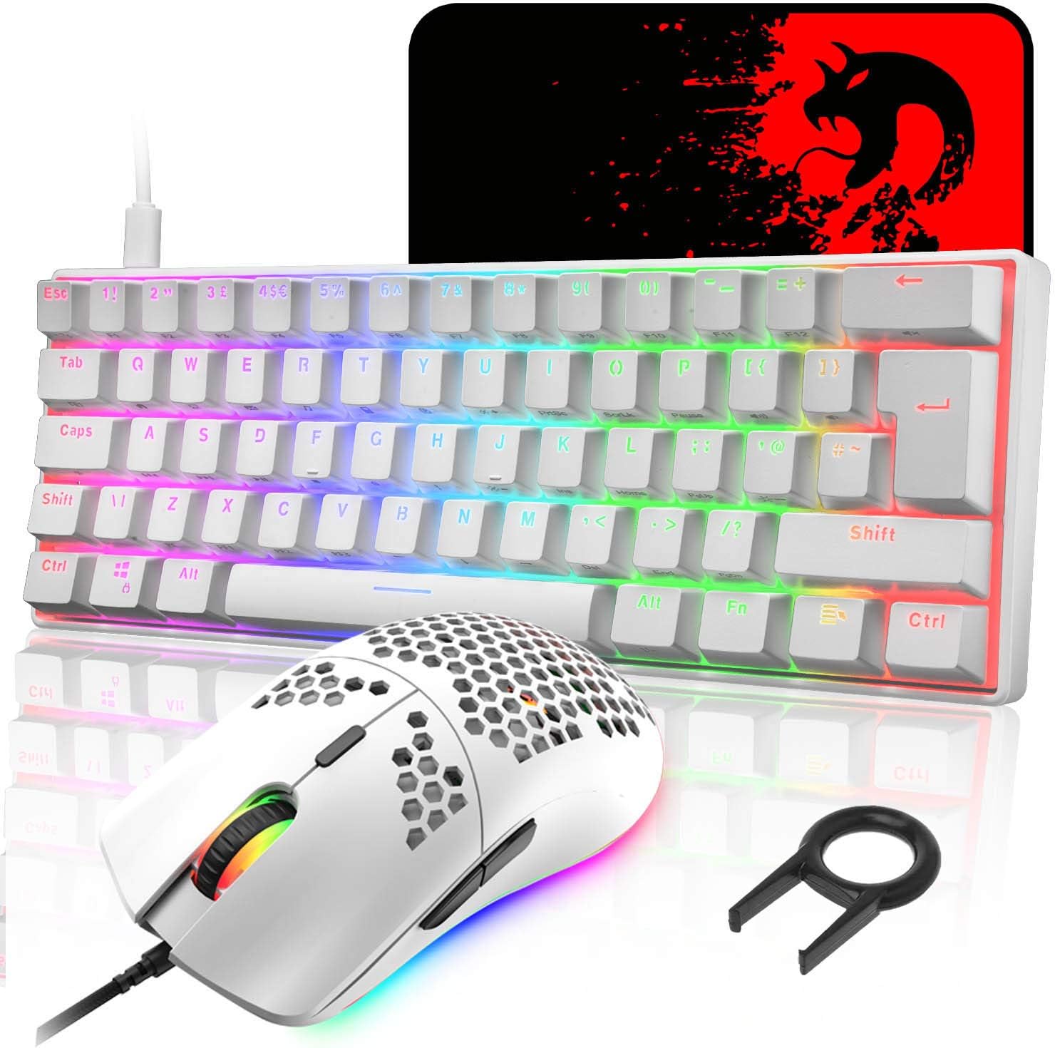 UK Layout 60% Mechanical Keyboard 62 Keys Blue Switch Wired USB C 14 Chroma RGB Backlit Gaming Keyboard + 6400DPI Ultra-Light Honeycomb Mouse + Large Mouse Pad