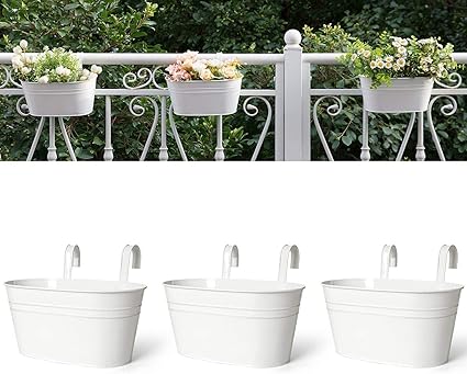 GIG Handicrafts Modern Iron Railing Planter (Pack of 3) with Railing Handle and Wall Hook Behind (27 cm x 15 cm x 25 cm, White)