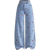 WDIRARA Girl's Cute Cherry Print Elastic High Waist Denim Pants Casual Wide Leg Jeans