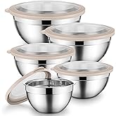 Onader Mixing Bowl Set of 5 for Kitchen, Stainless Steel Metal Nesting Mixing Bowls with Khaki Lids – Size 1.5, 2, 2.6, 3.5, 4.6QT
