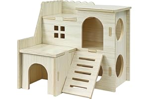 Sirvarni Hamster Hideout Cage Accessories - Hamster House and Habitat Wooden Hide Hut with Climbing Ladder for Dwarf Gerbils and Mouse Mice Rat Other Small Animals etc.