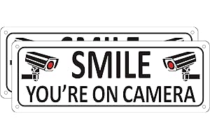 BAGSTAR Smile You're on Camera Sign (2 Pack), Video Surveillance Sign Metal, 10" x 3.5" Home Security Signs for House Business, Camera Warning Sign for Home Outdoor, Aluminum CCTV Sign for Yard