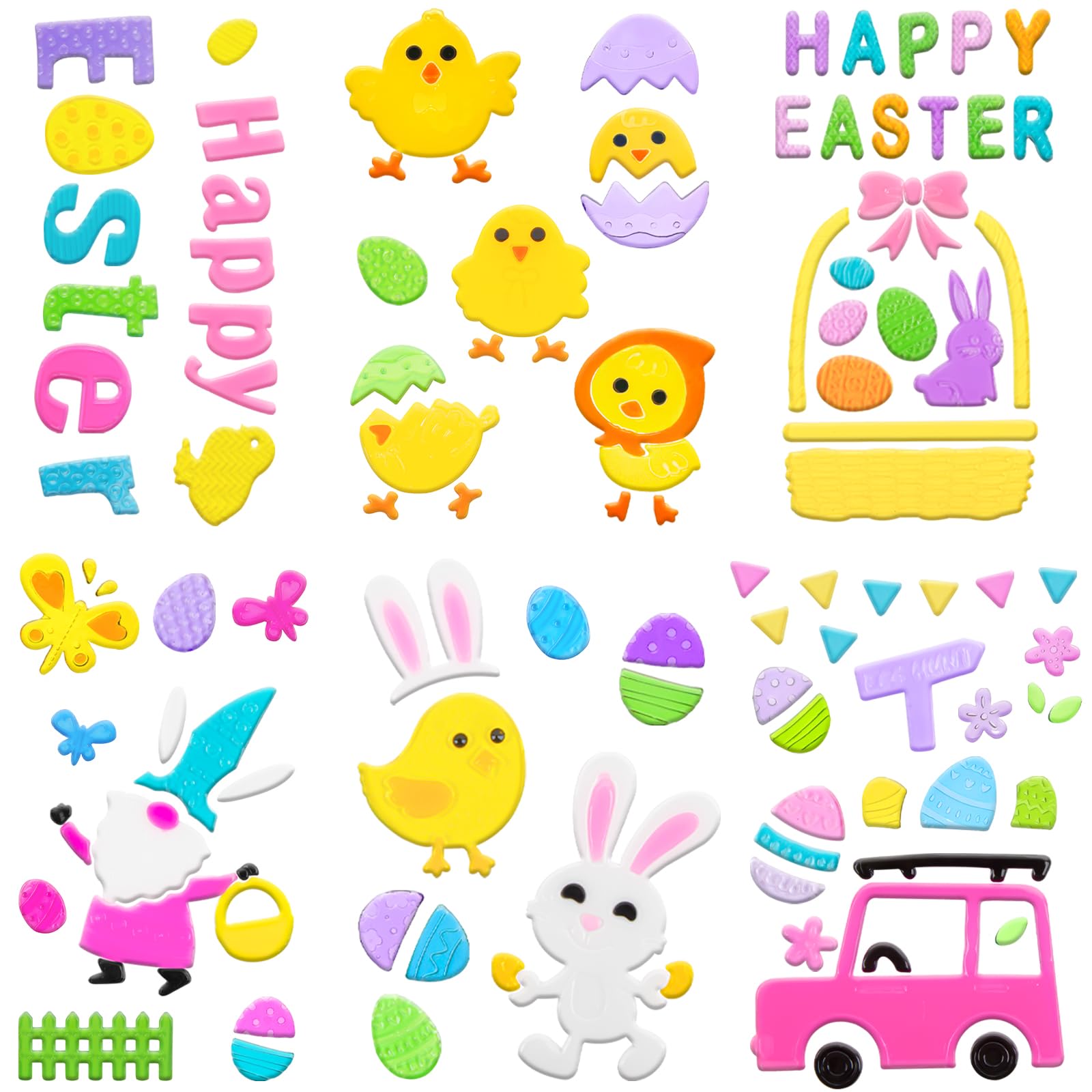 6 Sheets Easter Gel Window Clings, Eggs, Bunny, Basket and Gnome Easter Gel Clings for Glass Windows Decorations