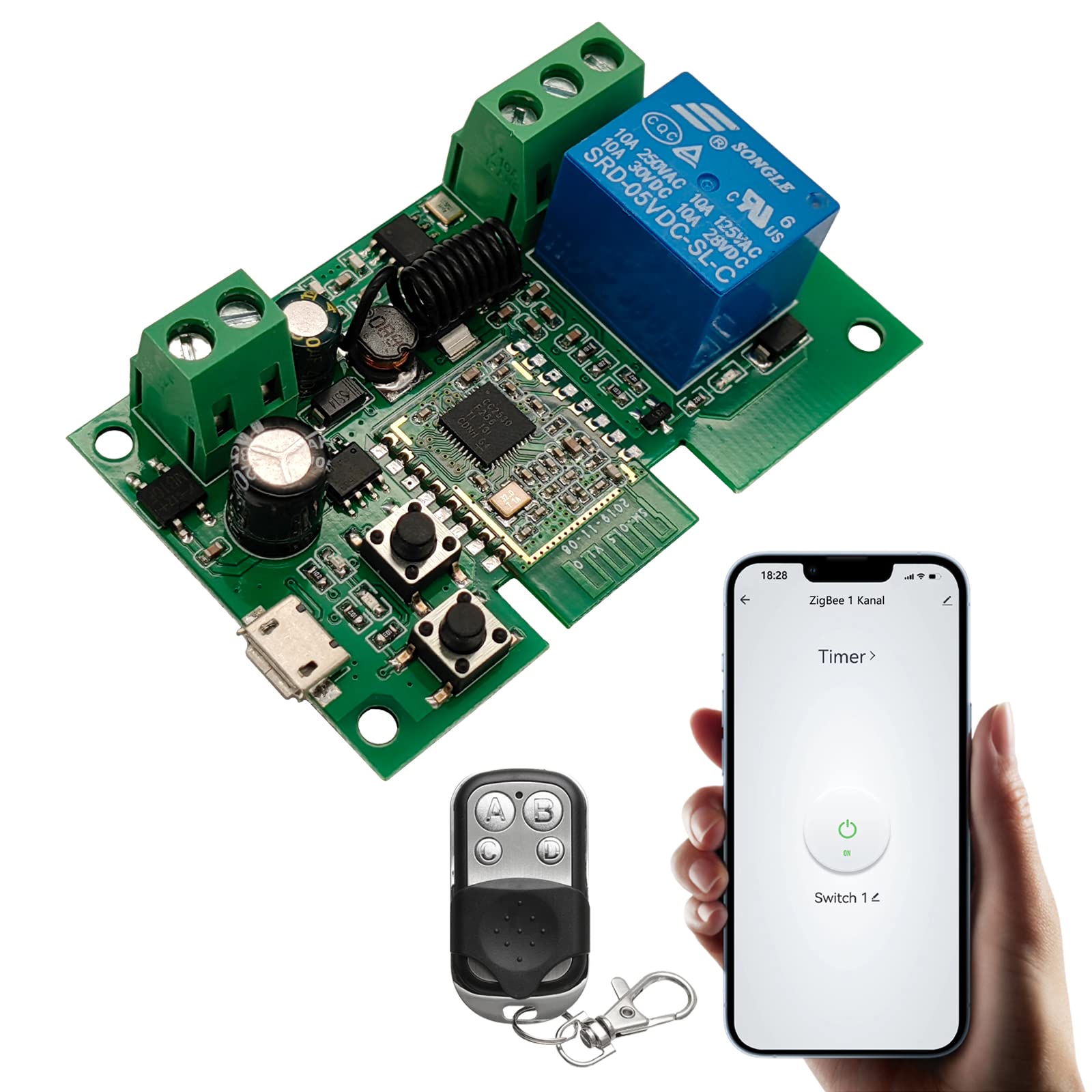 Jane Eyre Zigbee Tuya Smart 1 Channel Smart Relay with 433 RF Remote Control, USB5V DC7-32V Instant/Self-Locking Switch, for Use with Alexa Google Home (Requires ZigBee Hub)