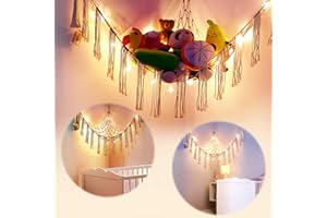 AVITORO Stuffed Animal Net or Hammock with LED Light, Hanging Corner Net for Stuffed Animals Storage, Hammock Holder with Hooks, Toy Organizer for Bedroom Nursery Crib Kindergarten