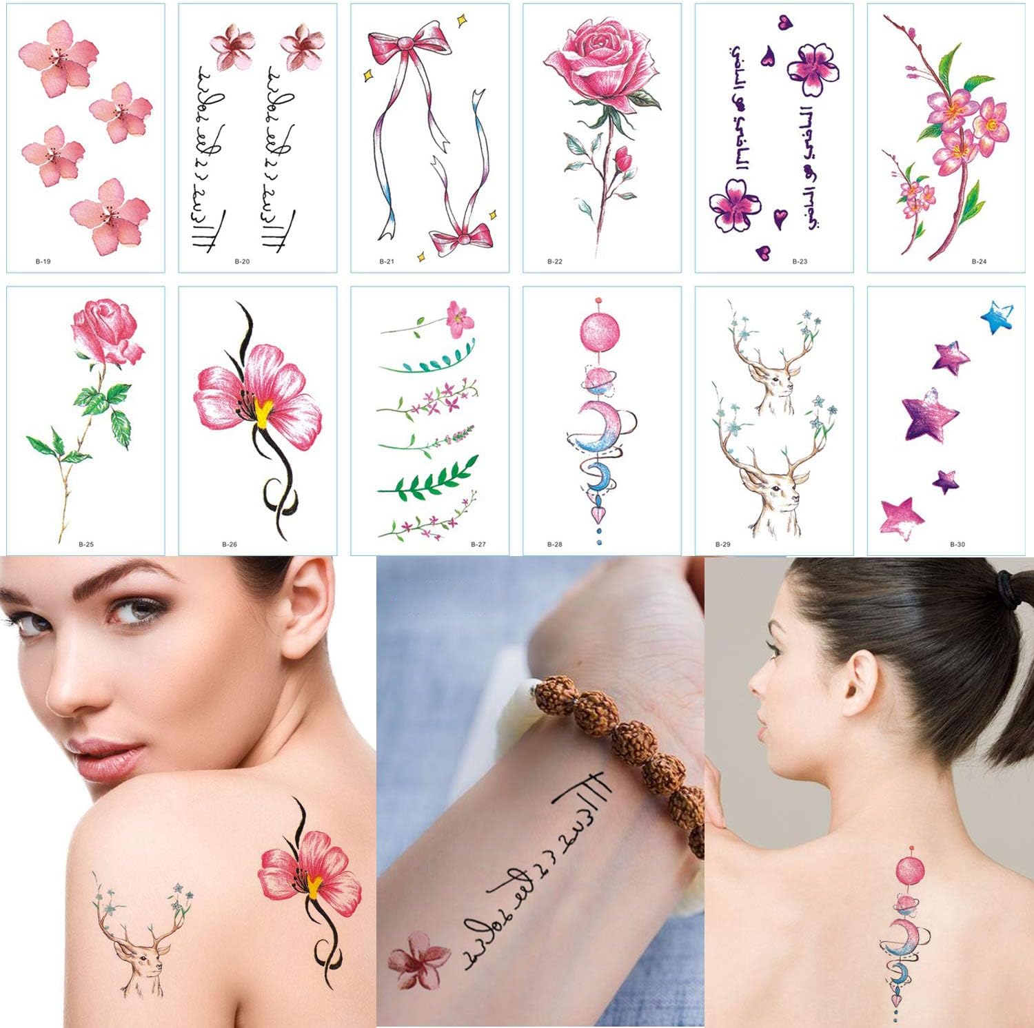 Unique Colorful 30 Pieces Temporary Tattoo Stickers For Adults Women Girls Flower Butterfly Body Art Tattoos Sheet Bride Sexy Wedding (Colorful-B) - Image 4