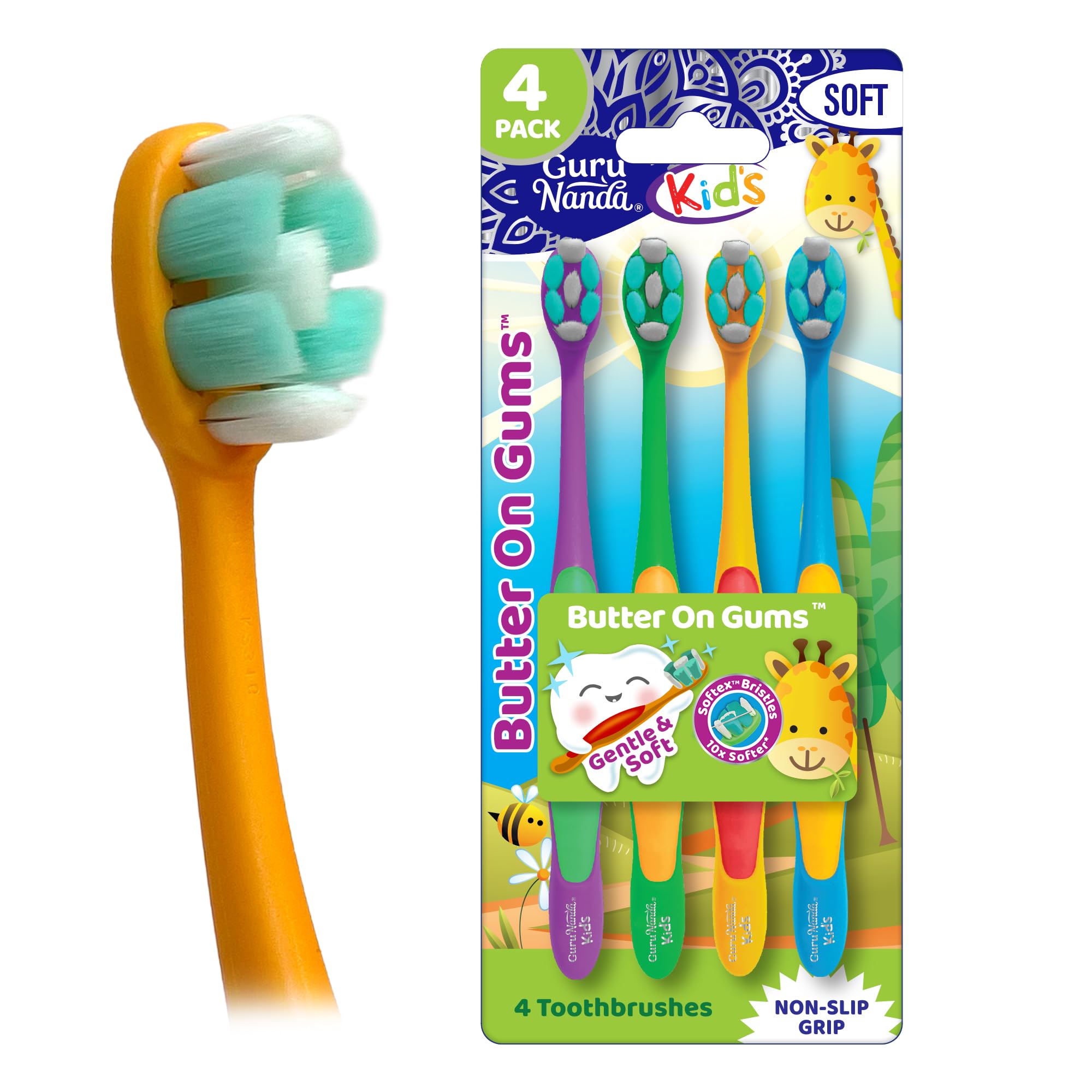 GuruNanda Butter On Gums Kids Toothbrush - 4 Pack Extra Soft Bristles Toothbrush for Kids, Multi-Colored & Fun to Use for Beginner Cleaning - Ergonomic Grip Handle - BPA & Cruelty-Free (Age 3+)