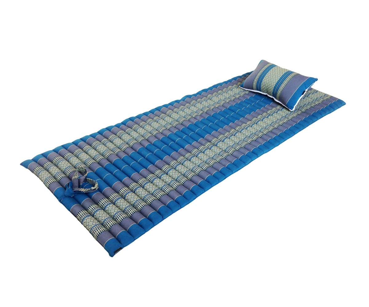 Traditional Thai Kapok Roll-Up Meditation Mattress with Matching Support Pillow for Yoga Massage or Relaxation (Blue)