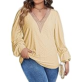 Eytino Womens Plus Size Tops Lantern Long Sleeve Lace V Neck Dressy Casual Blouse Loose Tunic Shirts(1X-5X)