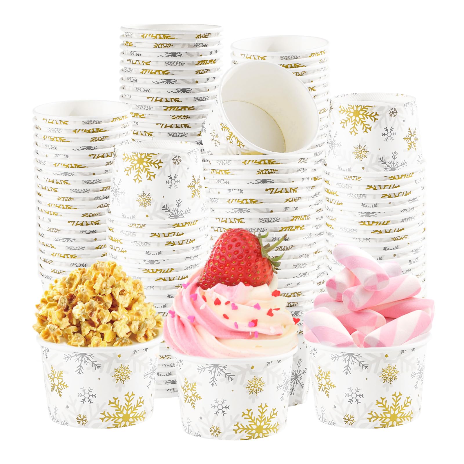 Photo 1 of 120Pcs Winter Snack Cups 12 Oz Gold Silver Snowflake Ice Cream Cups Christmas Dessert Disposable Soup Bowls Winter Paper Cup Container for Hot or Cold Food Candies Holiday Snowflake Party Decorations