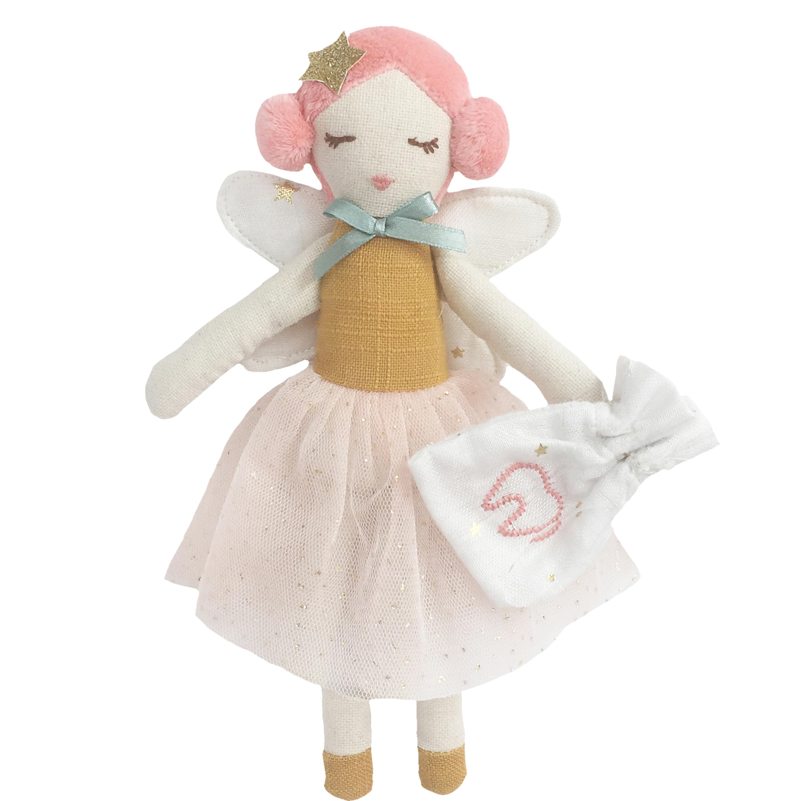 MON AMI Tooth Fairy 10-Inch Stuffed Doll for Girls | Soft Plush Toy with Gold String Tooth Pouch | Keepsake Companion for Tooth Traditions | Nursery Décor | Plush Gift for All Ages