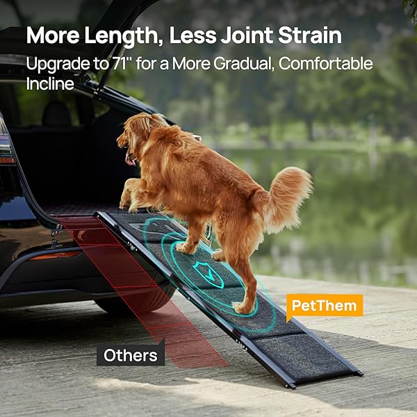 PETTHEM DOG RAMP FOR CAR 71” X-LONG & 17.2″ WIDE FOLDING DOG RAMPS FOR LARGE DOGS WITH NON-SLIP RUG SURFACE PORTABLE DOG CAR RAMP FOR SUV CAR & TRUCK, OUTDOOR DOG RAMP UP TO 250 LBS