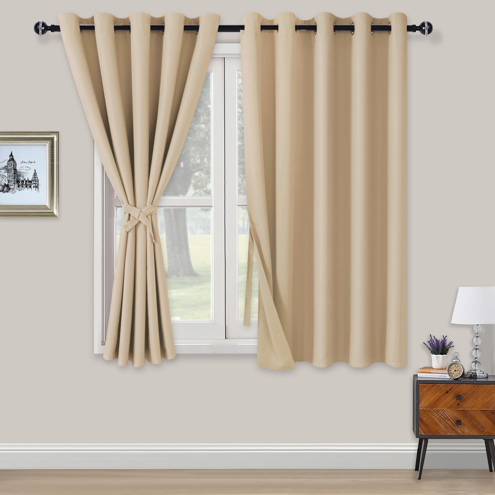 XWZO Blackout Curtains Shades Window Curtain Panels with Tiebacks- Noise Reduction and Thermal Insulated Eyelet Curtains for Bedroom,Living Room,Office,Study Room Beige W66xL54