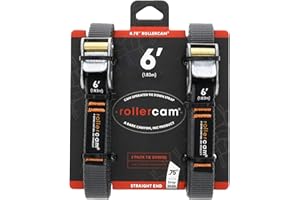 Rollercam 0.75” Tiedown Straps with Rollercam Buckle - Cam Strap Polypropylene Webbing with Triple-Bar Tack Stitching – Outdoor Gear Heavy-Duty Lashing Straps, 95 lb Load, Straight End, 2 Pack, 6 Foot