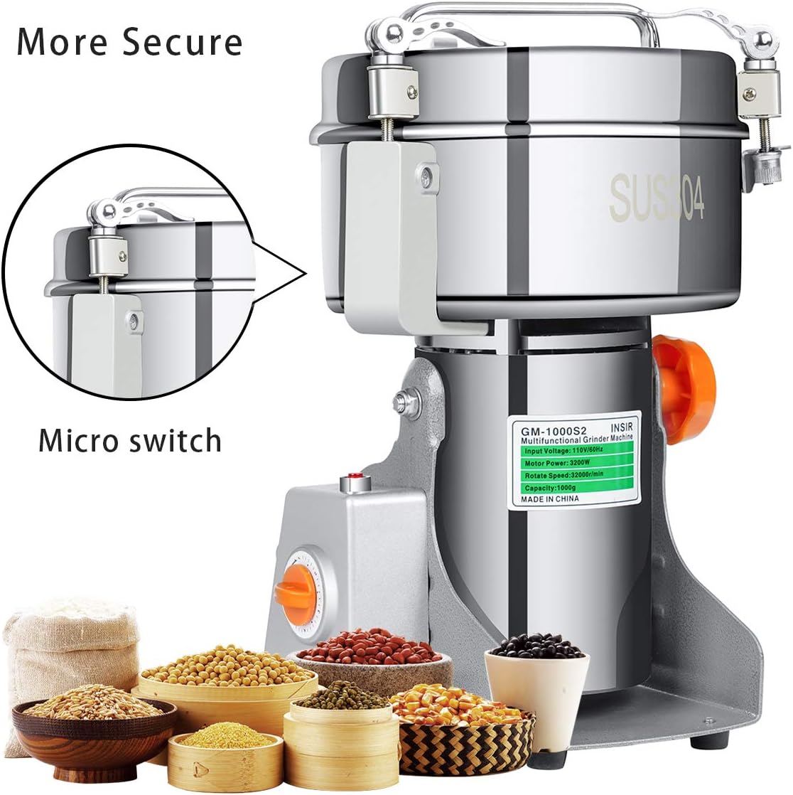 Insir Grain Grinder Mill 1000G Stainless Steel Electric High-speed Family Medicial Powder Machine Commercial Cereals Grain Mill Herb Grinder,Pulverizer 110v Gift for Mom, Wife