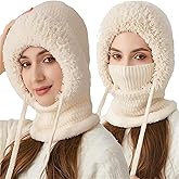 3 in 1 Beanie Hat with Scarf and Mask,Womens Knit Beanie Hat Fleece Lined Winter Scarf Mask Set Snow Caps 7-14 Days delivery