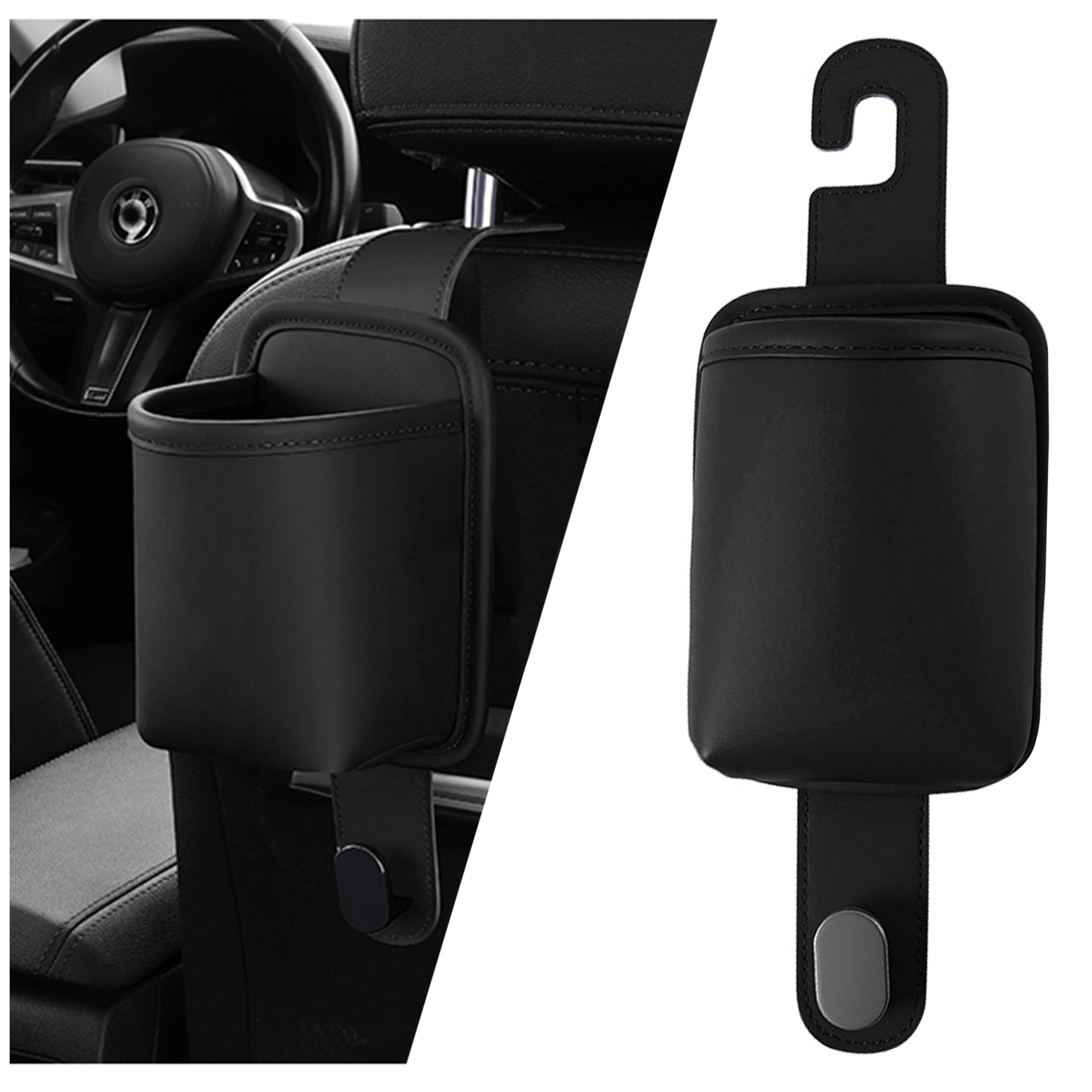 Photo 1 of 2-Pack Car Seat Back Cup Holder Organizer, Faux Leather Car Cup Holders with Hooks, Universal Backseat Storage for Drinks, Bottles & Travel Accessories (Black-One Pack)