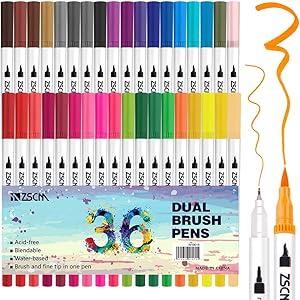 ZSCM Dual Tip Colored Brush Pens Art Markers Set, 36 Colors Fine Point Calligraphy Marker Journal Pens for Adult Coloring Books Drawing Bullet Journal Planner Calendar Art Projects