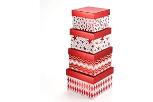 PAPER FAIR 4PCS Christmas Nesting Gift Boxes Set, Metallic Red Foil Geometry Flat Square Cardboard Nested Box w/Lid, for Gift Wrapping Holiday Present Xmas Birthday, Assorted Size