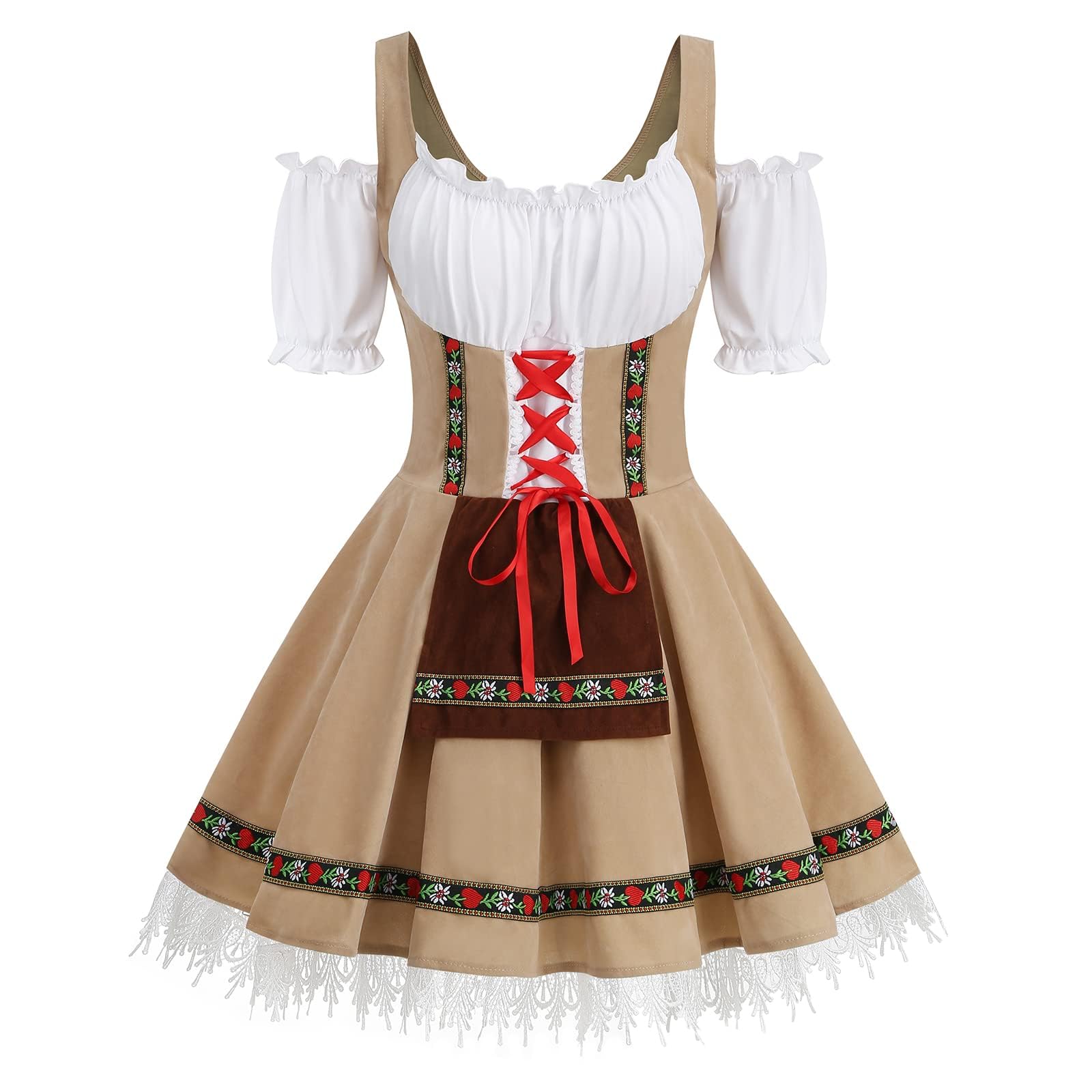 maxToonrain Oktoberfest Outfit Women Small,Women's German Beer Bavarnian Traditional Short Sleeve Off Shoulders Halloween Costume Fancy Maid Dress for Womens(khaki XL)
