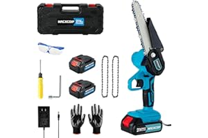 MACXCOIP Mini Chainsaw 6 Inch, Electric Cordless Chainsaw with 2 Batteries & 2 Chains, Handheld Chainsaw Kit for Tree Pruning, Wood Cutting, Branches Shears