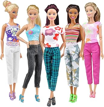 elegantstunning Handmade Doll Clothes 5 Sets of Printing T-Shirt and Pants Daily Wear for for Dolls