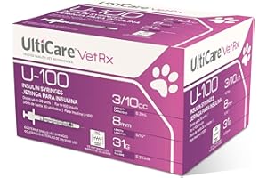 UltiCare VetRx U-100 Pet Insulin Syringes, Comfortable & Accurate Dosing of Insulin for Pets, Compatible w/Any U-100 Strength Insulin, Size: 3/10cc, 31G x 5/16’’, w/Half Unit Markings, 60 ct Box